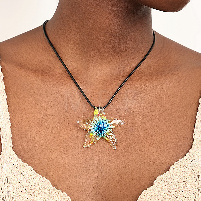 Summer Beach Starfish Transparent Glass Pendant Black Waxed Cord Necklaces for Women FS-WG29C72-01-1