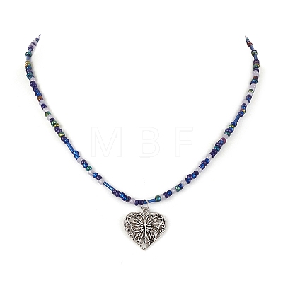 Tibetan Style Alloy Heart with Butterfly Pendant Necklace with Seed Beaded Chains NJEW-JN04341-1