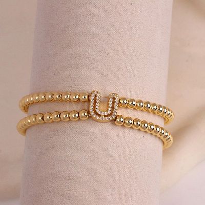 Brass Micro Pave Clear Cubic Zirconia Beads Double Strands Stretch Bracelets for Women FS-WGC7159-21-1