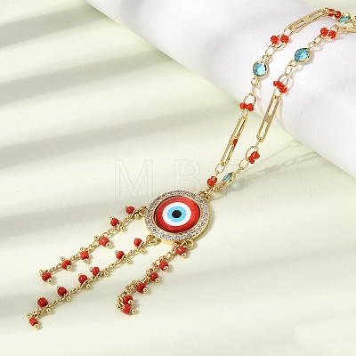 Boho Brass Resin Layered Tassel Red Evil Eye Pendant Necklaces NJEW-L014-04G-1
