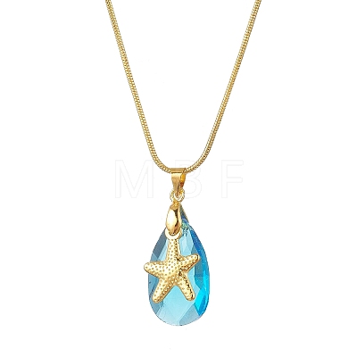 Ocean Alloy Sea Animal and Faceted Glass Teardrop Pendant Brass Round Snake Chain Necklaces for Women NJEW-JN05915-01-1