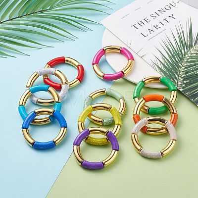 11Pcs 11 Color Imitation Gemstone Acrylic & CCB Plastic Curved Tube Chunky Stretch Bracelets Set for Women BJEW-JB08137-1