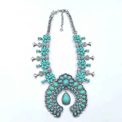 Alloy & Synthetic Turquoise Boho Flower Squash Bib Necklaces for Women FS-WGADD2A-01-1