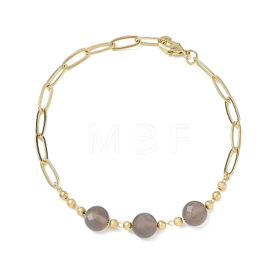 Natural Grey Agate Faceted Flat Round Beaded Brass Paperclip Chain Bracelets GG-CBA37F5-02G-05-1