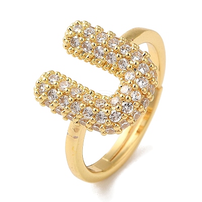 Rack Plating Letter Brass Micro Pave Clear Cubic Zirconia Adjustable Rings for Women KK-S391-03G-U-1