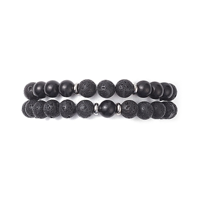 2Pcs 2 Style Natural Rosewood & Lava Rock Round Beaded Stretch Bracelets Set for Women BJEW-JB09381-03-1