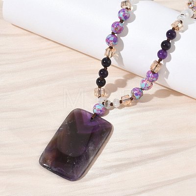 Natural Amethyst Rectangle Pendant Glass Beaded Long Necklaces GG-CBAE048-02A-1