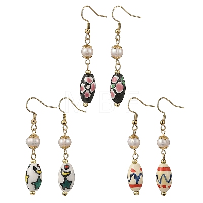 Printed Handmade Porcelain & Natural Freshwater Pearl Dangle Earrings EJEW-JE07374-1