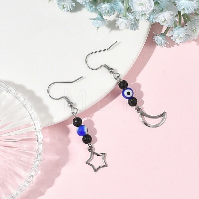 Handmade Evil Eye Lampwork and Natural Lava Rock Dangle Earrings EJEW-JE07451-02-1