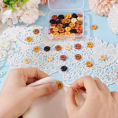 120Pcs 6 Colors 2-Hole Wood Flower Buttons BUTT-TA0001-40A-1