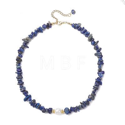 White Round Shell Pearl and Natural Lapis Lazuli Chip Beaded Necklaces NJEW-JN05740-02-1