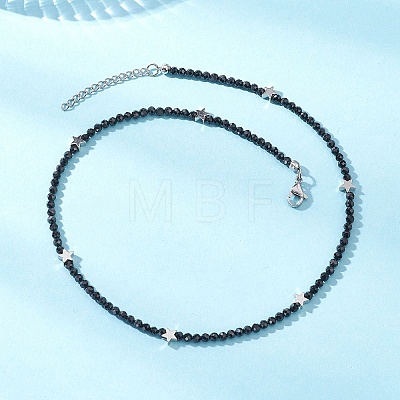 Brass and Faceted Round Natural Black Spinel Beaded Necklaces for Women NJEW-JN05657-01-1