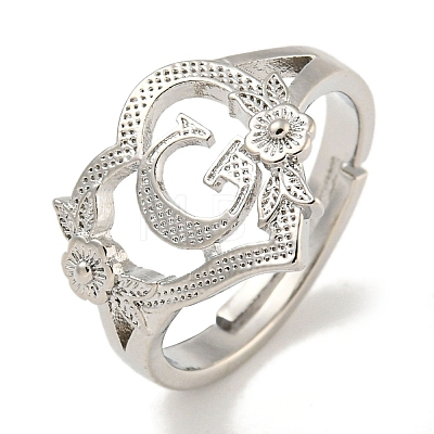 Heart with Letter & Flower Rack Plating Brass Adjustable Rings for Women RJEW-I105-05P-G-1