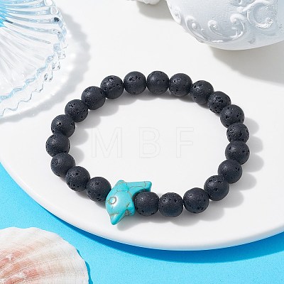2Pcs 2 Color Synthetic Turquoise Dolphin & Lava Rock Stretch Bracelets Set BJEW-JB09838-1