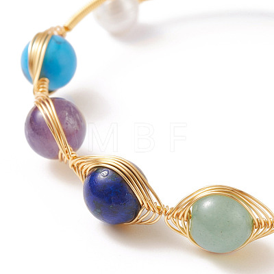 Mixed Stone & Natural Pearl Beads Wire Wrapped Cuff Bangle BJEW-JB07507-1