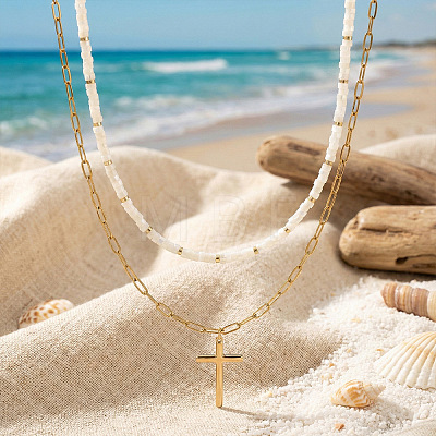 Beach Vacation Style Stainless Steel Religion Cross Pendant Natural White Jade Heishi Beaded Double Layer Necklaces for Women QG1443-1