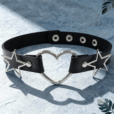 Punk Rock Style Alloy Star Heart Link Imitation Leather Chocker Necklaces NJEW-WH20004-20A-1
