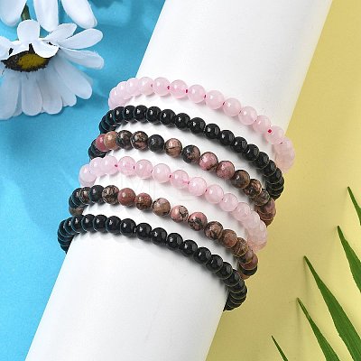 3Pcs 3 Style Natural Rhodonite & Black Agate & Rose Quartz Round Beaded Stretch Bracelets Set PW23030761414-1