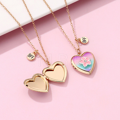 2Pcs 2 Styles Alloy Enamel Rainbow Flower Heart Photo Locket Pendant BFF Necklaces WG3E2EF-01-1