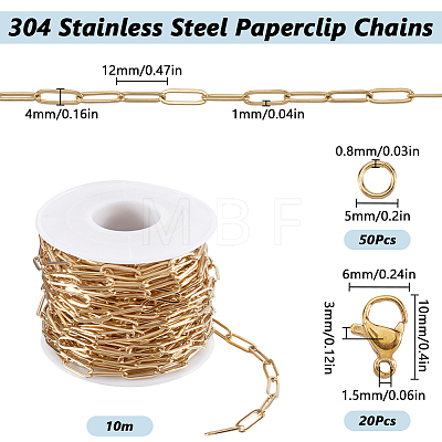 10M Ion Plating(IP) 304 Stainless Steel Paperclip Chains wih 50Pcs Open Jump Rings with 20Pcs Lobster Claw Clasps FIND-SC0012-55-1