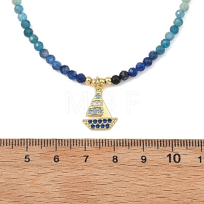 Gradient Color Brass Micro Pave Cubic Zirconia Sailboat Pendant Natural Apatite & Kyanite & Amazonite & Pearl Beaded Necklaces for Women NJEW-JN06242-1