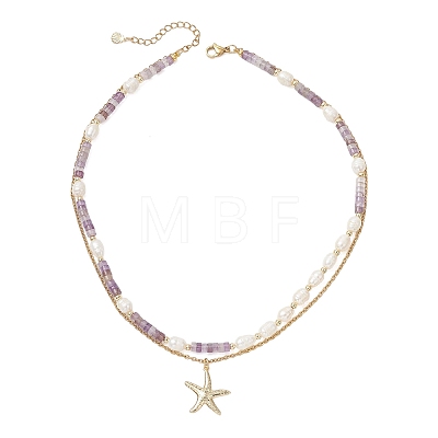 Natural Amethyst Heishi Beads and Rice Natural Pearl Beaded Double Layer 304 Stainless Steel Starfish Pendant Necklaces NJEW-JN05847-02-1
