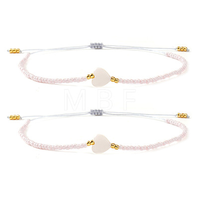 Adjustable Heart Natural Shell & Glass Seed Beaded Braided Bracelet Sets NT9181-2-1