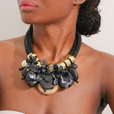 Flower Butterfly Ring Acrylic & Wood Pendant 2-Strand Cotton Cord Bib Necklaces for Women FS-WG99BBE-05-1