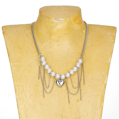 Imitation Pearl Round Beaded Alloy Heart Chain Tassel Bib Necklaces for Women WG3C231-01-1
