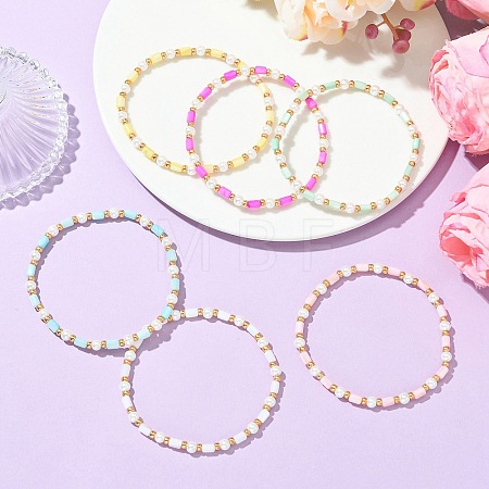 6Pcs Dyed Natural Freshwater Shell & Glass Pearl & Seed Beads Stretch Bracelets Set for Women BJEW-MZ00347-1