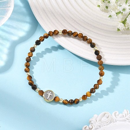 Religion Natural Tiger Eye Beaded Stretch Bracelets with Brass Flat Round with Cross Beads BJEW-JB14360-03-1