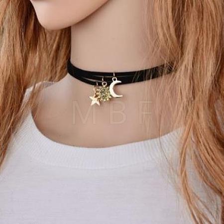 3Pcs 3 Styles Moon Star Sun Alloy Pendant Faux Suede Cord Multi-Strand Choker Necklaces for Women FS-WG071C8-01-1