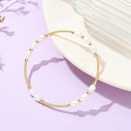 Rice Natural Cultured Freshwater Pearl & Brass Beaded Copper French Wired Bangles BJEW-JB13981-1