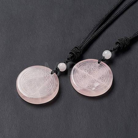 Natural Rose Quartz Flat Round with Flower of Life Pendant Necklace with Nylon Cord for Women NJEW-P274-02-06-1