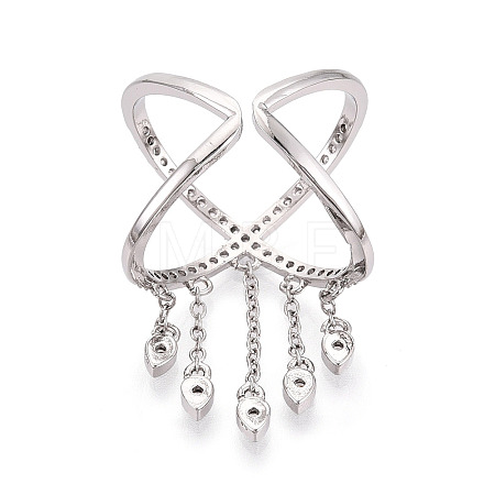 Brass Micro Pave Clear Cubic Zirconia Tassels Cuff Rings KK-T080-01P-1