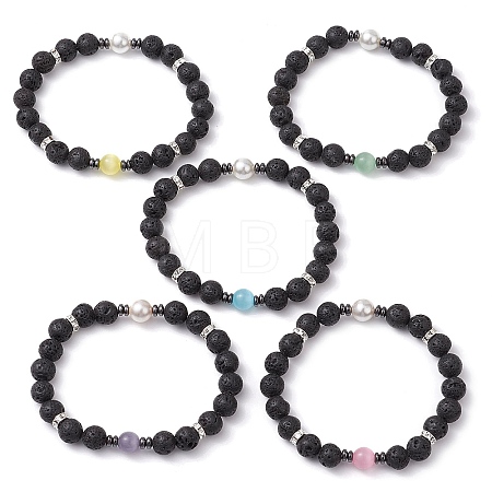 Round Natural Lava Rock & Cat Eye Beads Stretch Bracelets for Women BJEW-JB10986-1