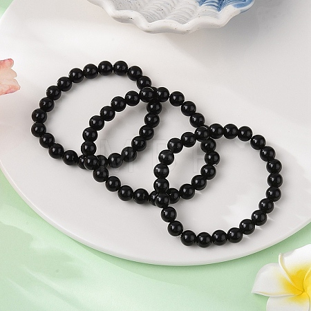 Natural Obsidian Beaded Stretch Bracelets X-BJEW-Q692-12-8mm-1