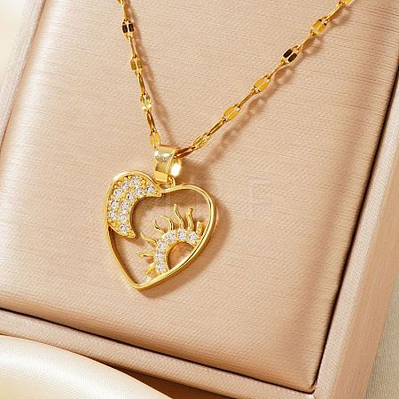 Gorgeous Brass Micro Pave Clear Cubic Zirconia Heart with Moon Sun Pendant Elegant Fashion Necklaces SS6030-1-1