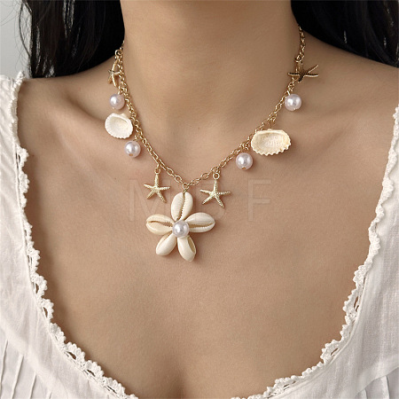 Summer Beach Alloy & Faux Pearl & Natural Cowrie Cluster Flower Pendant Necklaces for Women WG22E51-01-1