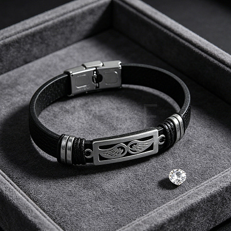 304 Stainless Steel & Black Imitation Leather Cord Bracelets for Men WG9A637-02-1