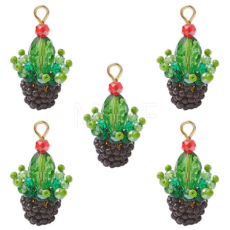 5Pcs Glass Seed Beaded Cactus Pendants PALLOY-SZ00064-1