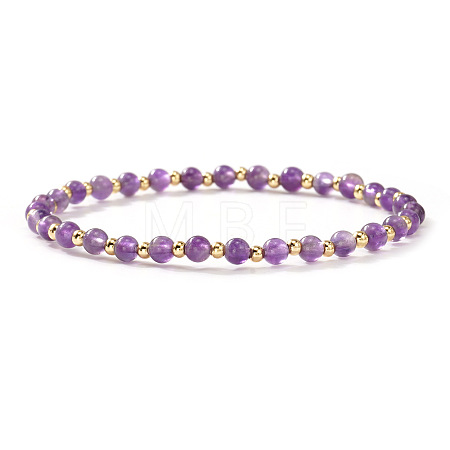 Natural Amethyst & Brass Round Beads Stretch Bracelets for Women VT5257-3-1