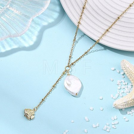 Summer Natural Baroque Keshi Pearl & 304 Stainless Steel Sea Animal Pendant Satellite Chain Y Lariat Necklaces NJEW-JN06049-04-1