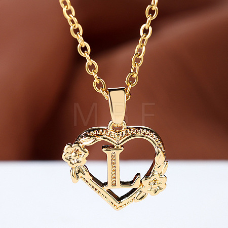 Brass Rose Flower Heart with Letter Pendant Cable Chain Necklaces FS-WG42461-12-1