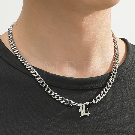 304 Stainless Steel Initial Pendant Cuban Link Chain Necklaces FS-WGB15F2-08-1