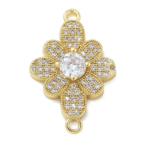 Rack Plating Brass Clear Cubic Zirconia Flower Connector Charms KK-A234-071G-1