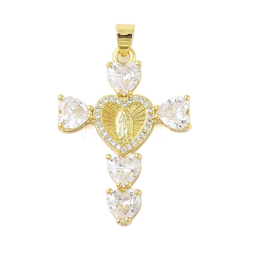 Rack Plating Brass Micro Pave Cubic Zirconia Heart Shape Virgin Mary Cross Pendant KK-S380-44F-G-1