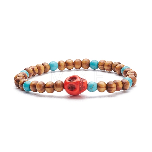 Natural Wood & Synthetic Turquoise(Dyed) Stretch Bracelet BJEW-JB08146-1