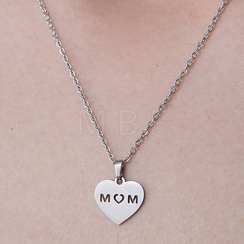 201 Stainless Steel Heart with Word Mom Pendant Necklace for Mother's Day NJEW-OY001-15-1