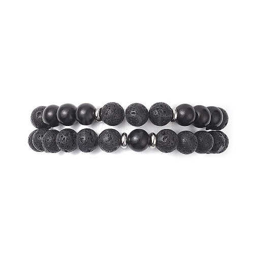 2Pcs 2 Style Natural Rosewood & Lava Rock Round Beaded Stretch Bracelets Set for Women BJEW-JB09381-03-1